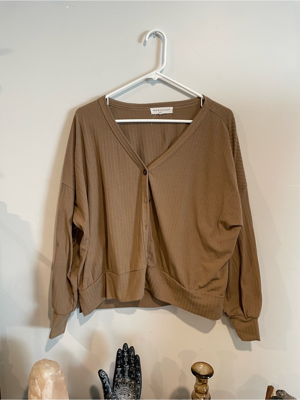 DownEast Ribbed Button-Front V-Neck Sweatshirt in Brown